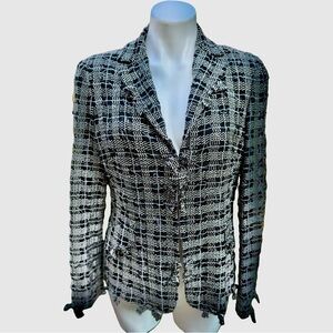 Anne Klein Textured Open Weave Fringe Jacket Black White Size 8